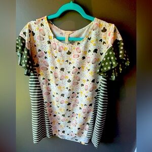 Matilda Jane Gentle Breeze Top Size L Floral Striped
Ruffle Sleeve Green